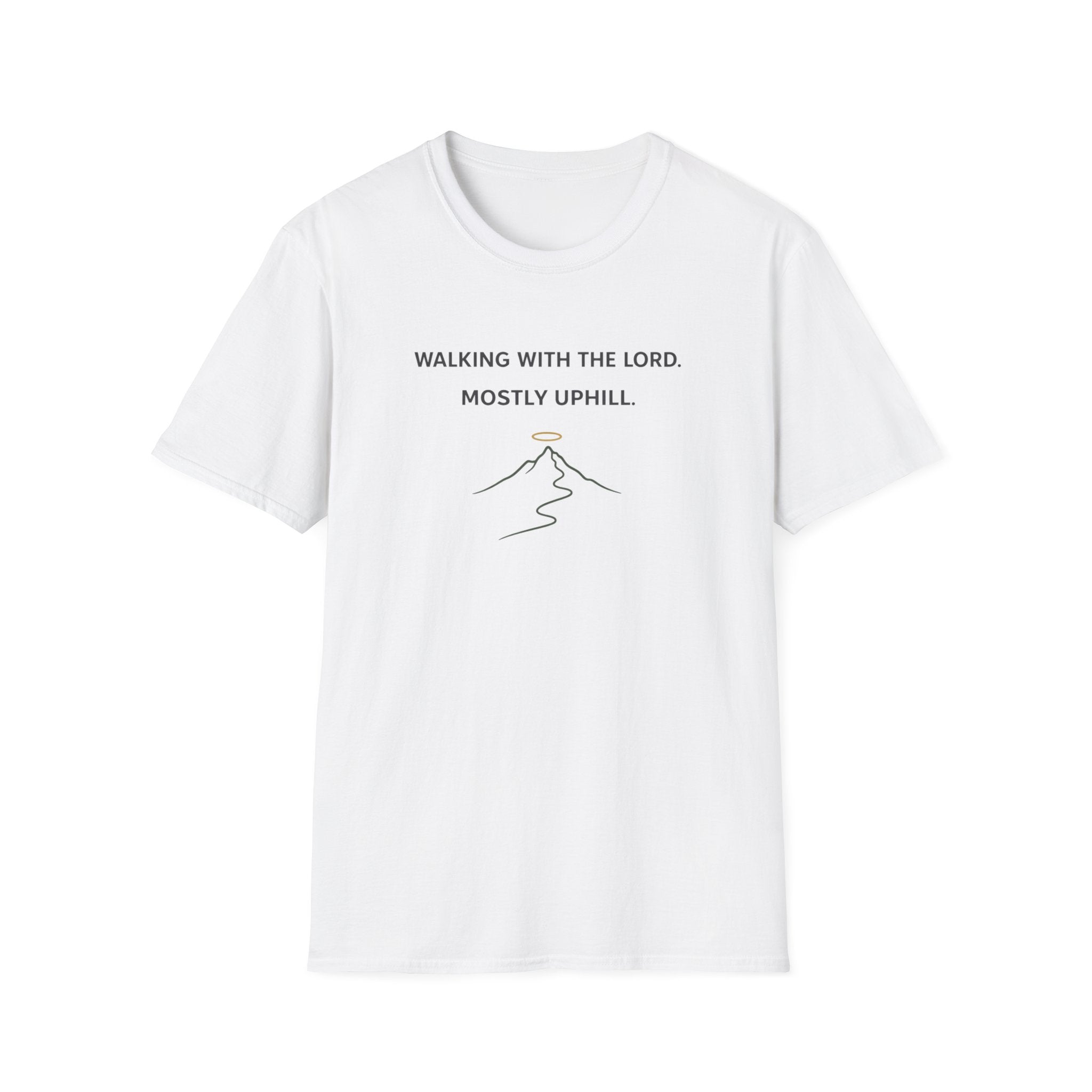 Walking With The Lord, Mostly Uphill Funny Outdoor Hiking Camping T-Shirt Designed For The Faithful