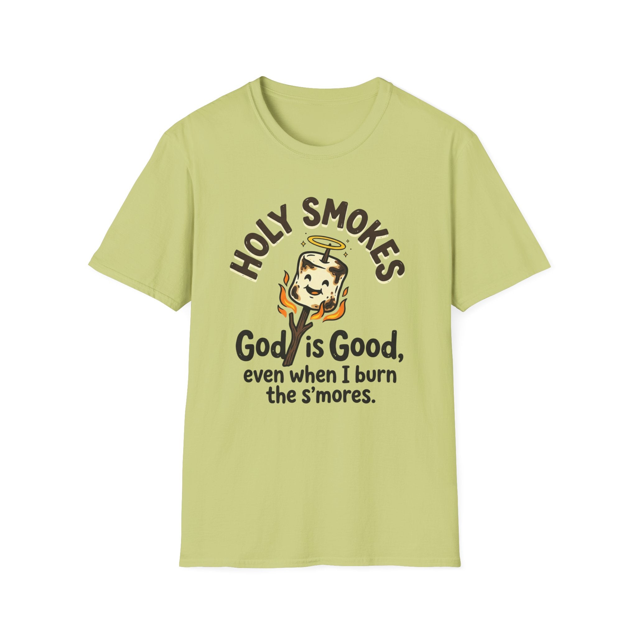 Holy Smokes T-Shirt — "God is Good, even when I burn the s'mores." Campfire Christian Tee