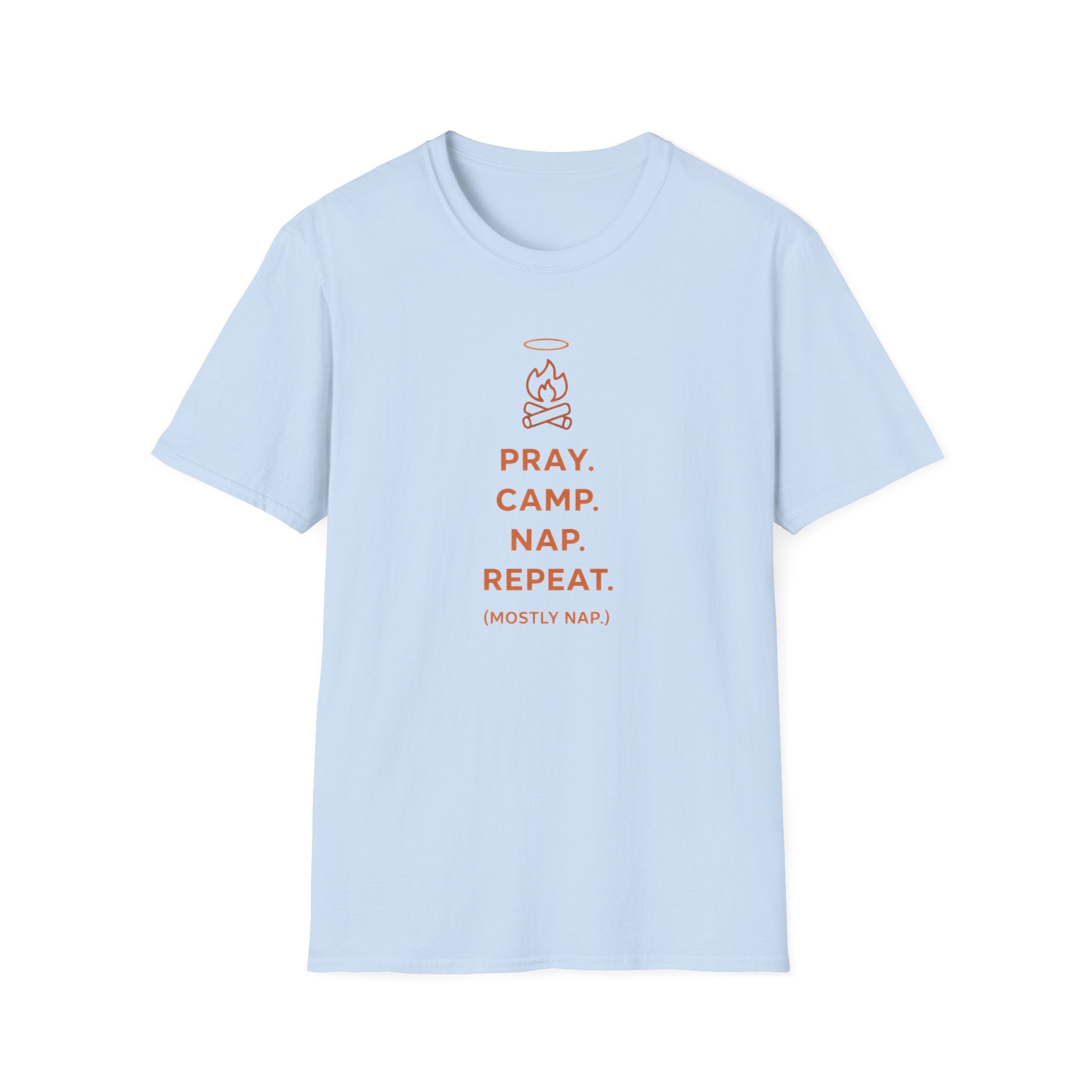 Pray. Camp. Nap. Repeat Funny Outdoor Camping Hiking T-Shirt Designed For The Faithful