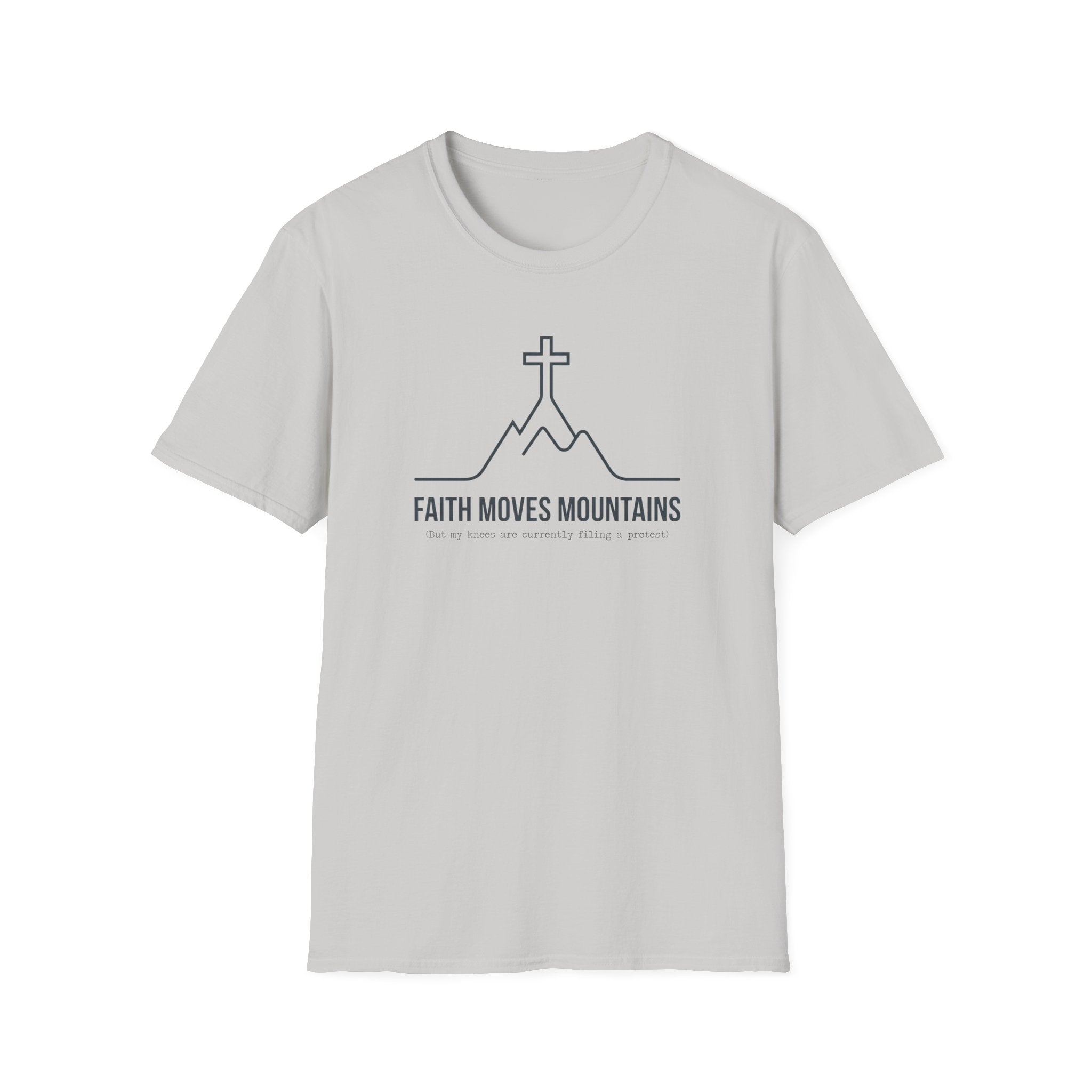 Faith Moves Mountains, But Knees Are Complaining Outdoor Hiking Camping T-Shirt Designed For The Faithful