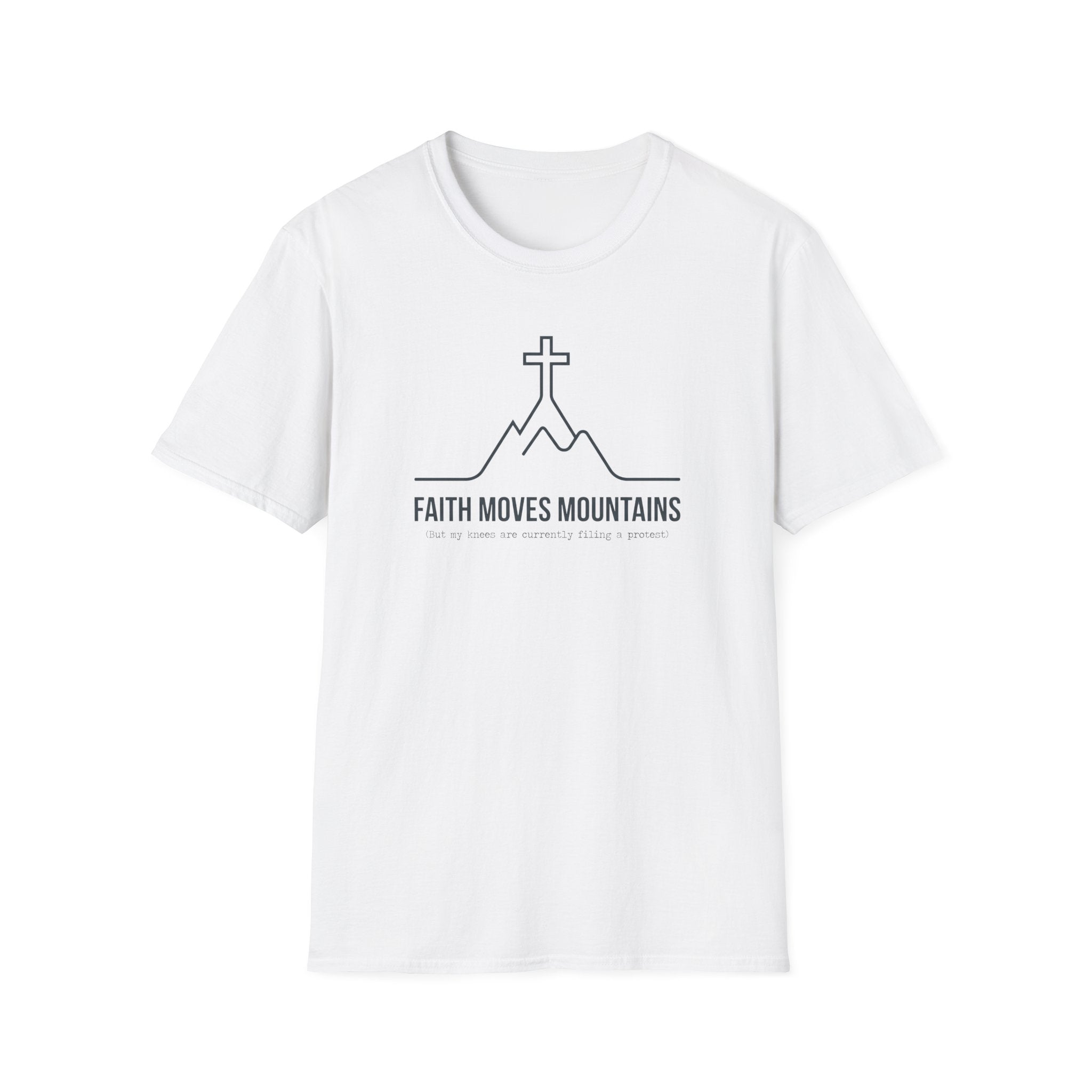 Faith Moves Mountains, But Knees Are Complaining Outdoor Hiking Camping T-Shirt Designed For The Faithful