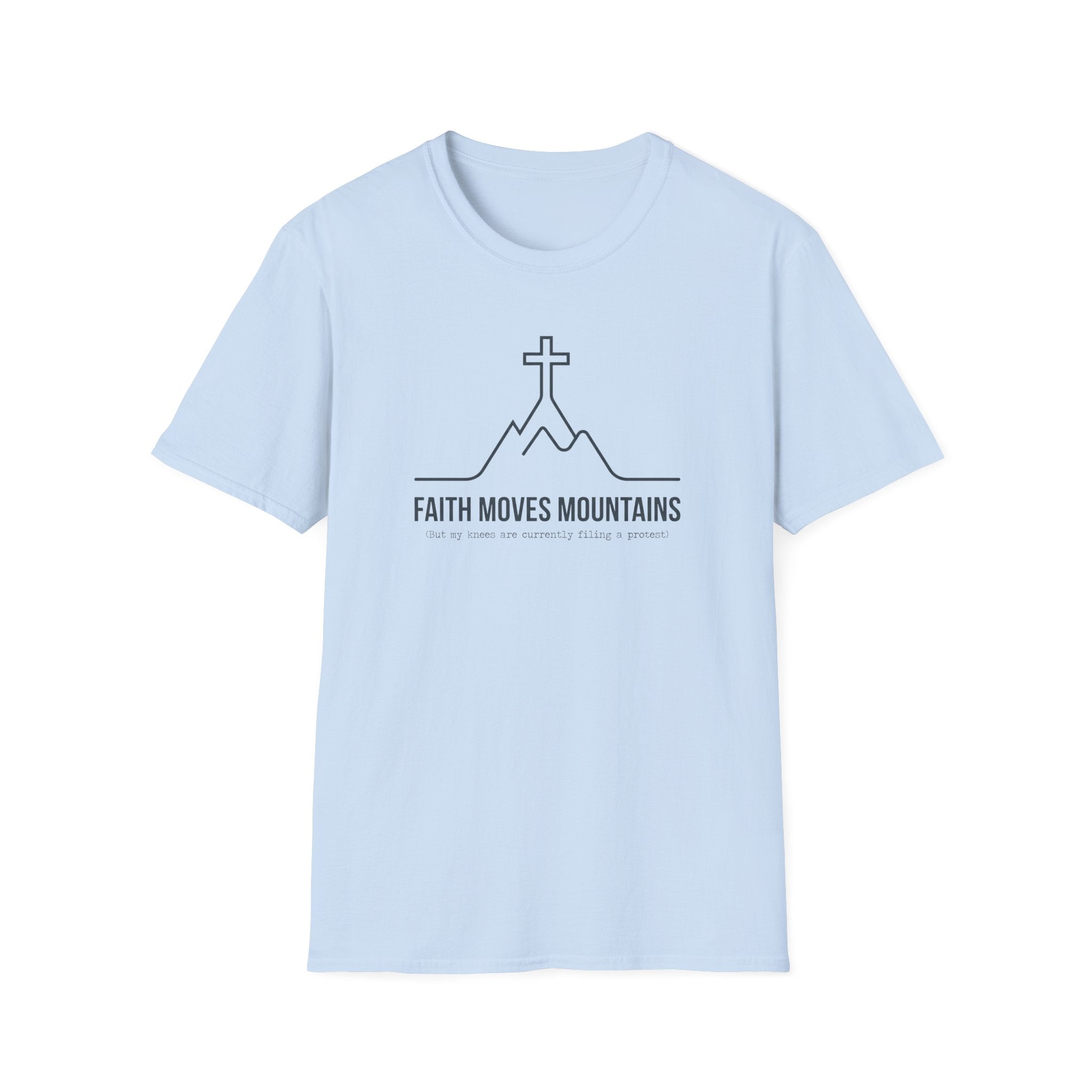 Faith Moves Mountains, But Knees Are Complaining Outdoor Hiking Camping T-Shirt Designed For The Faithful