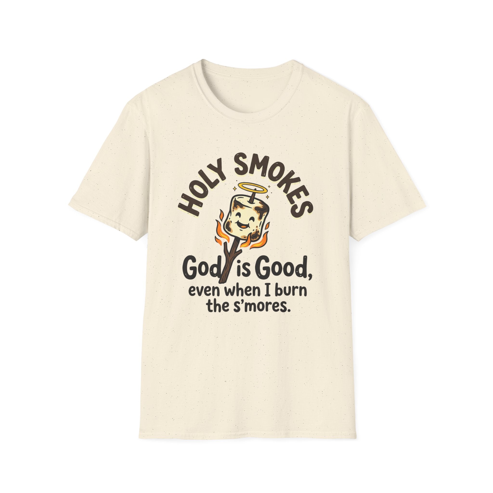 Holy Smokes T-Shirt — "God is Good, even when I burn the s'mores." Campfire Christian Tee
