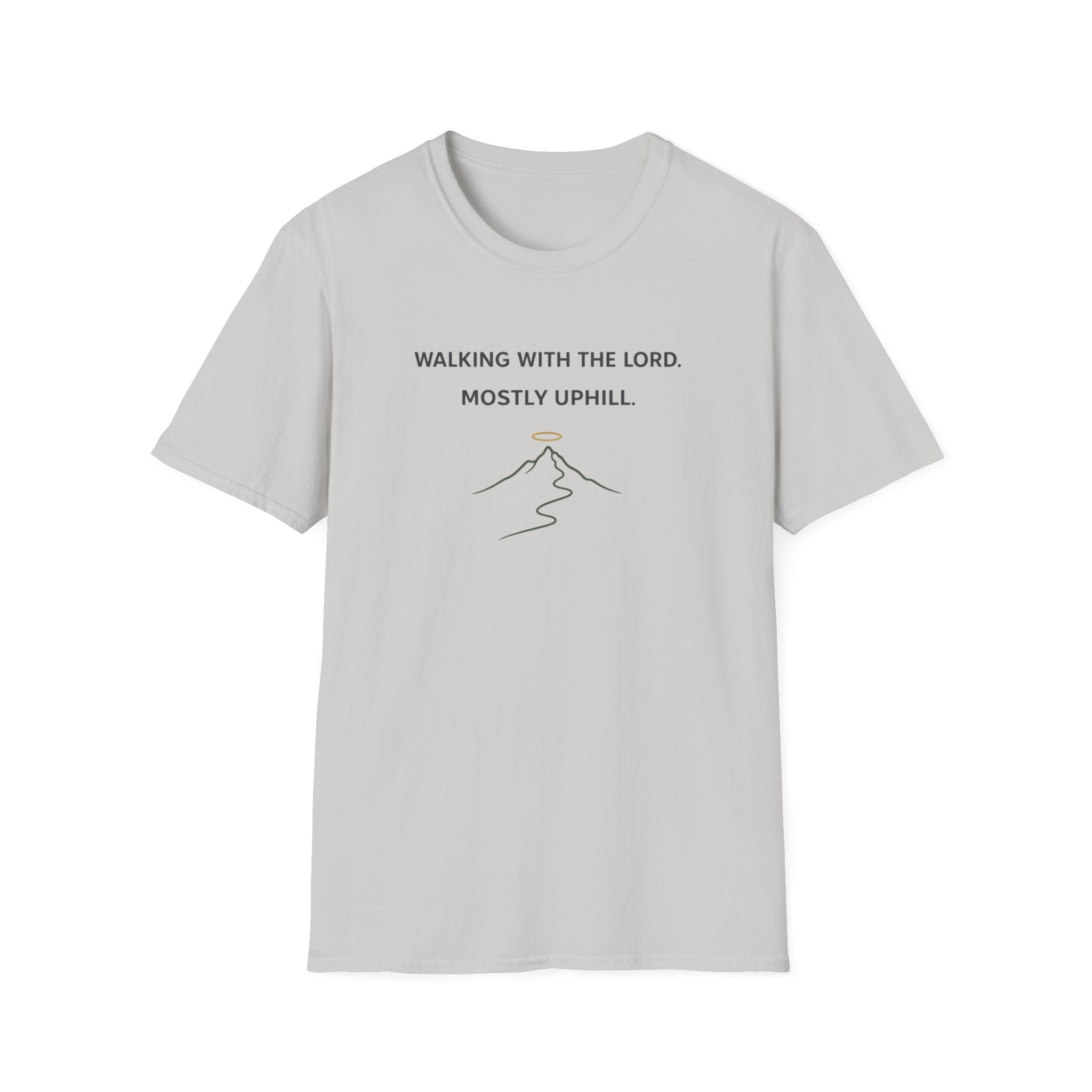 Walking With The Lord, Mostly Uphill Funny Outdoor Hiking Camping T-Shirt Designed For The Faithful