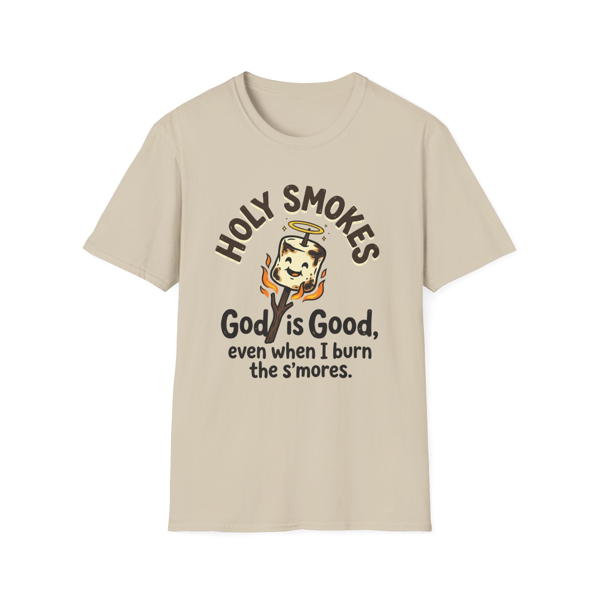 Holy Smokes T-Shirt — "God is Good, even when I burn the s'mores." Campfire Christian Tee