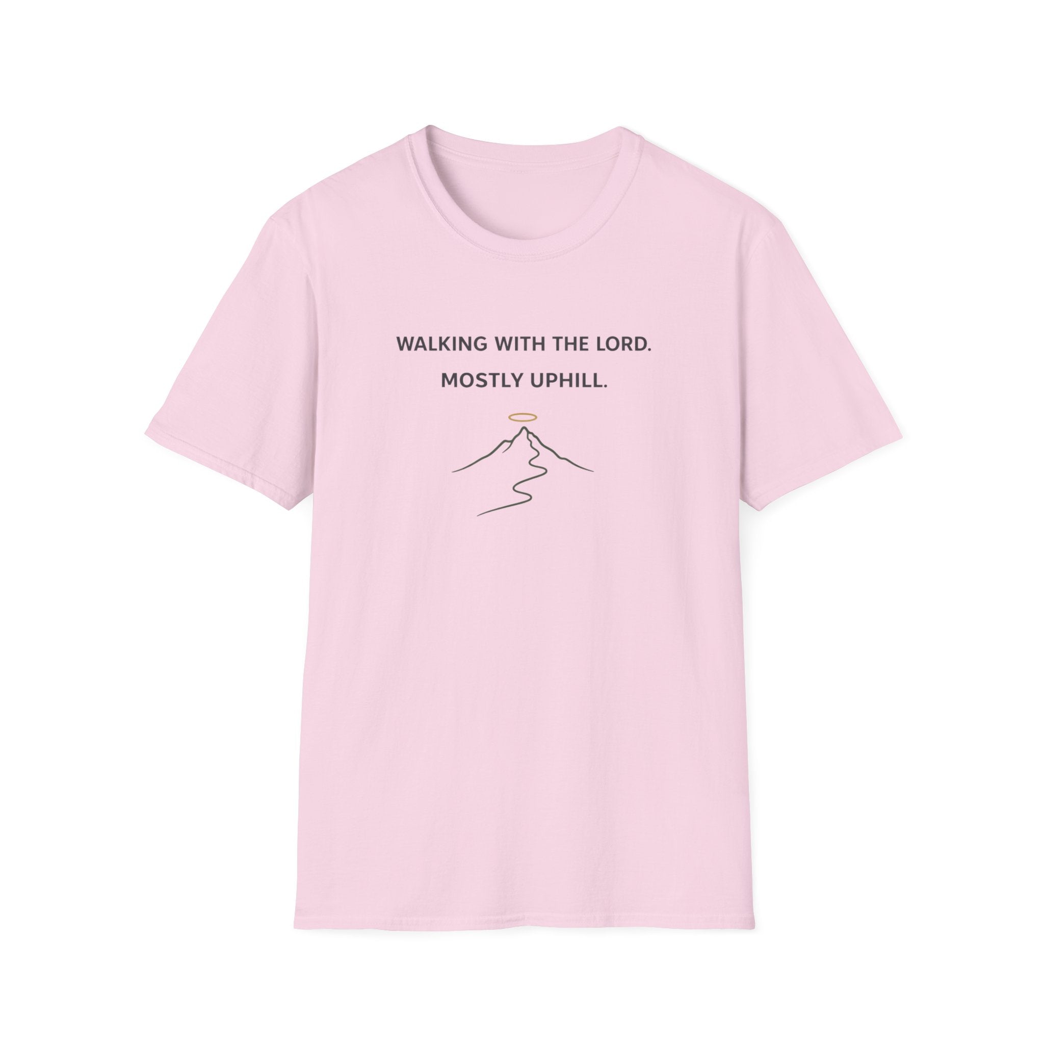 Walking With The Lord, Mostly Uphill Funny Outdoor Hiking Camping T-Shirt Designed For The Faithful