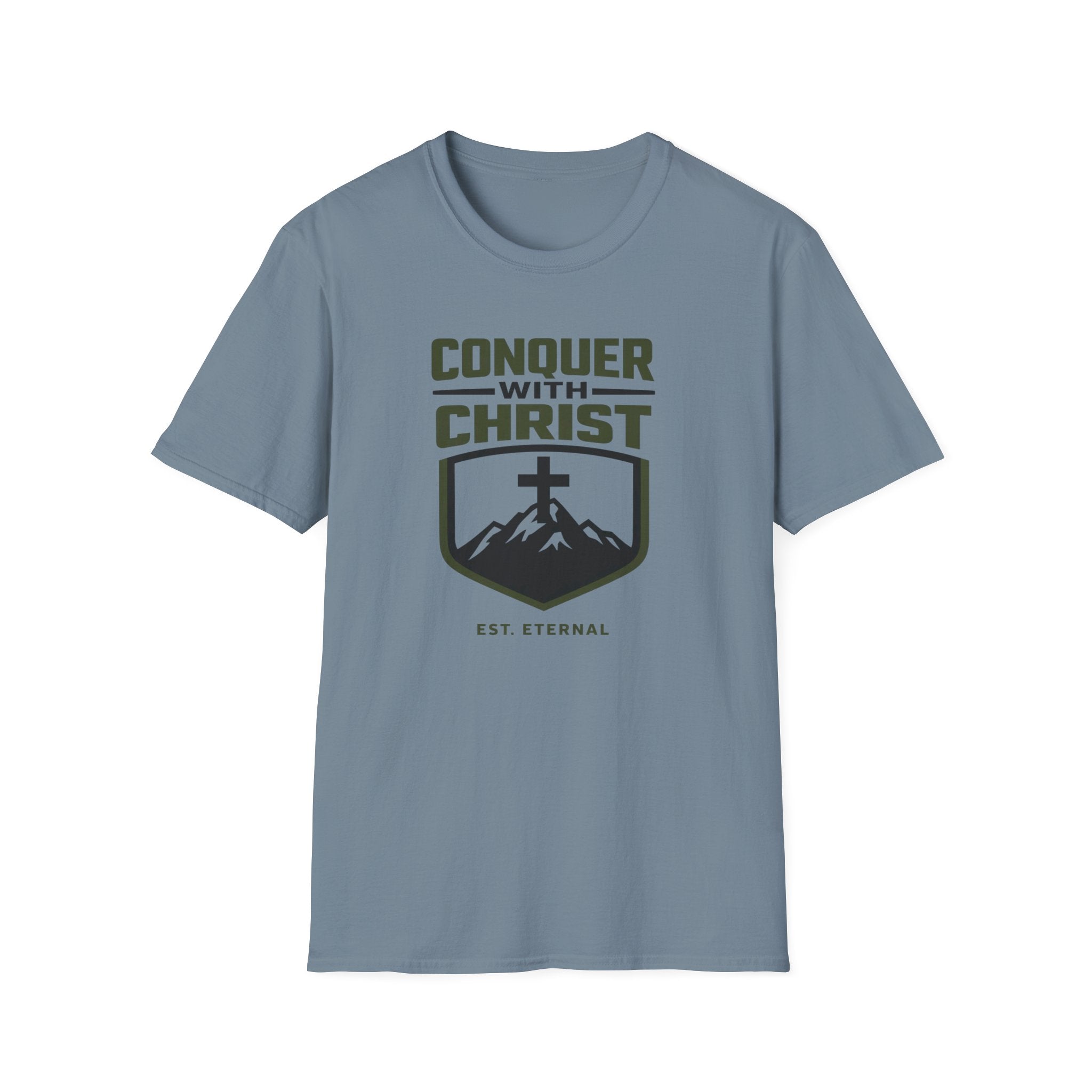 Conquer With Christ Est. Eternal Outdoor Camping Hiking T-Shirt Designed For The Faithful